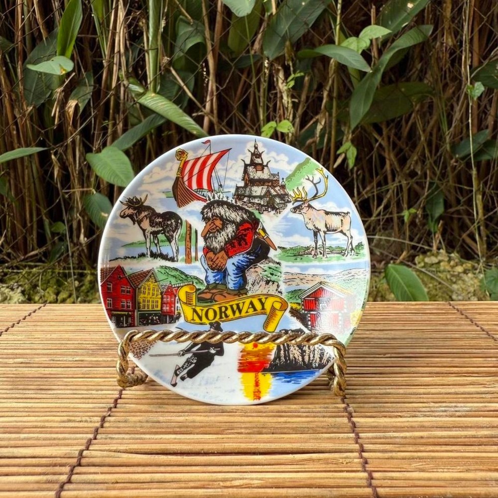 Vintage Norway Souvenir Plate Troll‎ Nordic Folk Art Scandinavian Decor